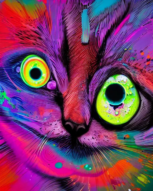 Image similar to psychedelic paint splatter portrait of funny giant cute eyes kitten, intricate abstract. intricate artwork, by tooth wu, wlop, beeple, dan mumford. concept art, octane render, trending on artstation, greg rutkowski very coherent symmetrical artwork. cinematic, key art, hyper realism, high detail, octane render, 8 k, iridescent accents