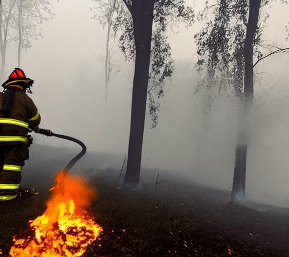 Image similar to stunning award winning photograph of a firefighter spraying water on a burning tree on a foggy night