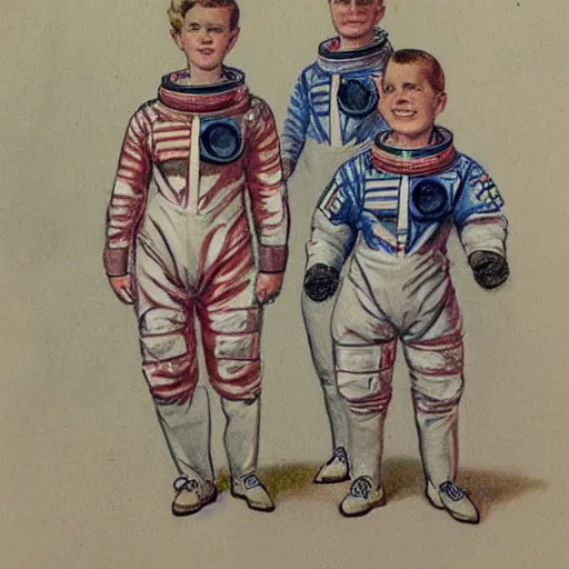 Image similar to Orville Houghton Peet and William Simpson and Jean Gautier color sketch of a boy super scientist in a retro home made astronaut suit