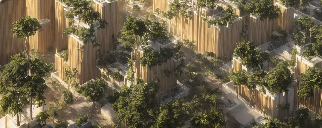 Image similar to contemporary golden babylon tower, sacred ancient architecture, hanging gardens, cascading highrise, arid mountains with lush palm forest, sunlight, post - production, octane, cgi, sfx