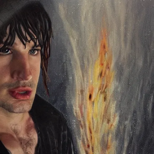 Image similar to the hyper - realistic painting of tom sturridge as sandman combattant contre lucifer