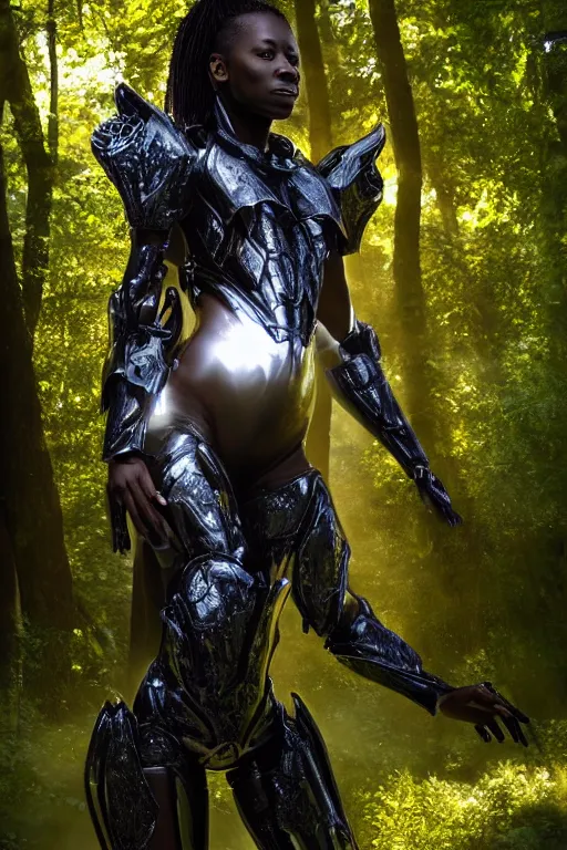Prompt: hyperrealistic very beautiful black woman highly detailed exoskeleton armor in a forest sun behind her god rays concept art eric zener elson peter dramatic light low angle hd 8k sharp focus