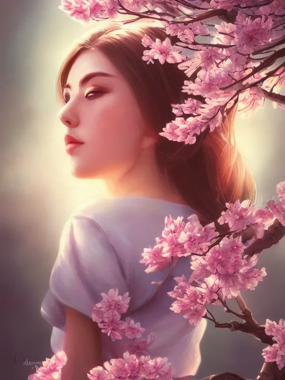 Image similar to a ultradetailed beautiful portrait of a wonderful cherry blossom with soft and peaceful colours, dynamic lighting, cinematic lighting, etheric, oil panting, high resolution, 4 k, by artgerm