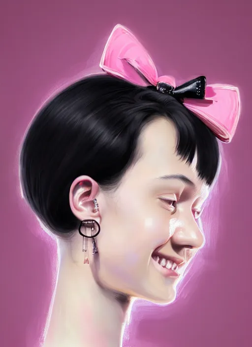 Image similar to portrait of teenage girl, realistic, black hair, bangs, half updo hairstyle, pointy nose, skinny, smile, ugly, defined jawline, big chin, pink hair bow, earrings, intricate, elegant, glowing lights, highly detailed, digital painting, artstation, sharp focus, illustration, art by wlop, mars ravelo and greg rutkowski