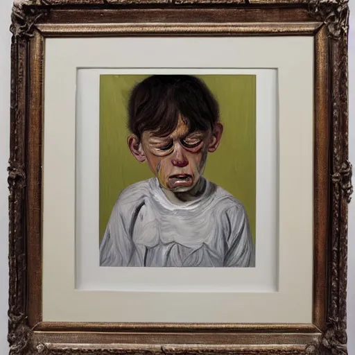 Image similar to Oil painting Portrait of a crying child, by Lucian Freud, Abstract brush strokes, Masterpiece