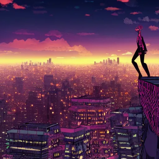 Prompt: shadowed human figure atop a skyscraper overlooking a half sunken metropolis covered in vines, purple and red hues in the sky from the sunset, many skyscrapers, anime art style