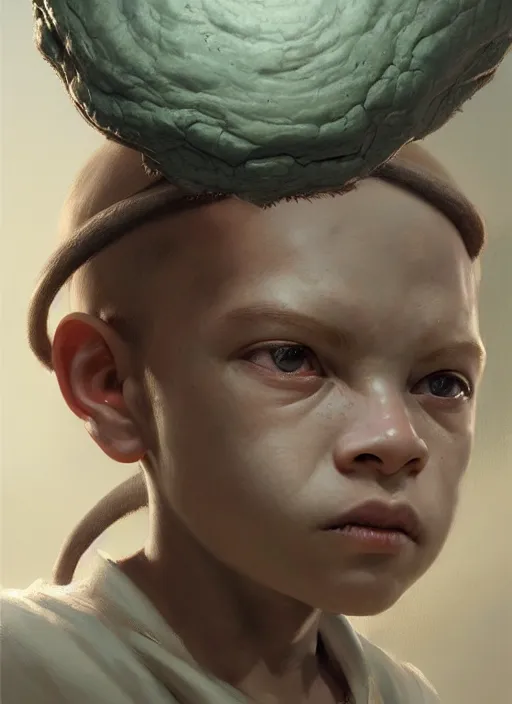 Image similar to a portrait of a sage child with an enormously large head, an ancient pale sage child with macrocephaly, highly detailed, digital painting, artstation, concept art, intricate, elegant, smooth, sharp focus, art by wlop, mars ravelo and greg rutkowski and craig mullins