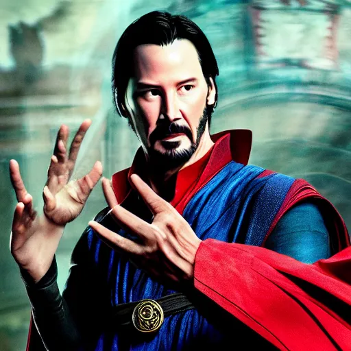 Image similar to Keanu Reeves as Dr. Strange, mcu, concept art, high definition photography, professional photography, 8k