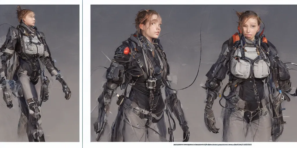 Image similar to a woman in scientist's jacket with a system of straps and pouches for collecting material by Donato Giancola and Tetsuya Nomura, trending on artstation and pixiv clean sci-fi concept art and sheet that using unreal engine 5 render and hyper detailed 3D texture with cinematic software light