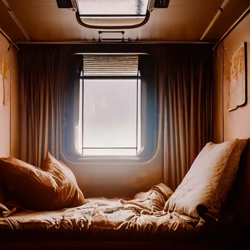 Image similar to bonobo inside of a train compartment room sitting on bed, rainy window, night, soft lighting