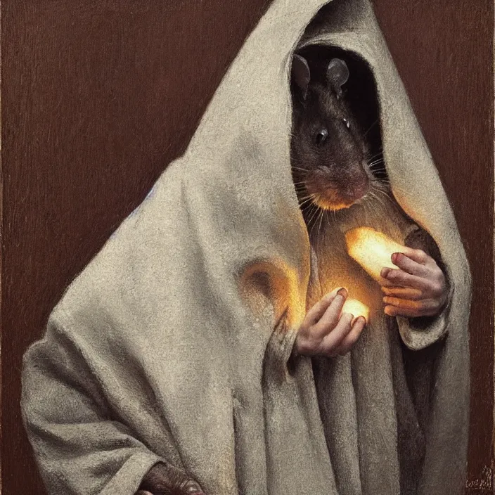 Prompt: a rat, wearing a hooded cloak, holding a luminescent triangle, by vincent desiderio