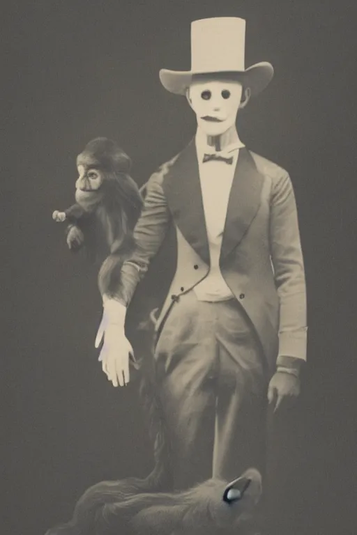 Image similar to vintage photo of a fancy transparent ghost in a top hat posing with a monkey