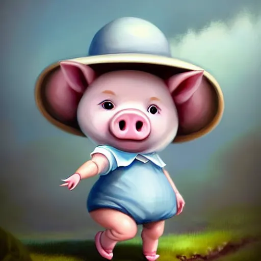 Image similar to cute little anthropomorphic funny female pig wearing shorts, a sunhat, boots and a pale blue shirt!! tiny!! fully clothed!!! small, short, cute and adorable, character art portrait, matte fantasy painting, deviantart artstation, by jason felix by steve argyle by tyler jacobson by peter mohrbacher, cinema