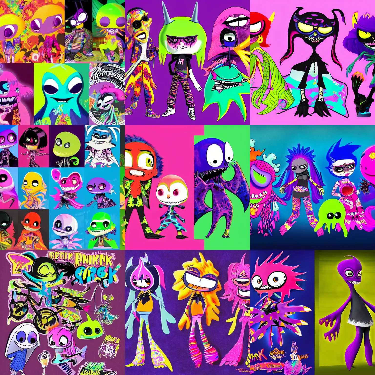 Prompt: lisa frank punk rockstar vampire squid concept character designs of various shapes and sizes by genndy tartakovsky and splatoon by nintendo for the new hotel transylvania