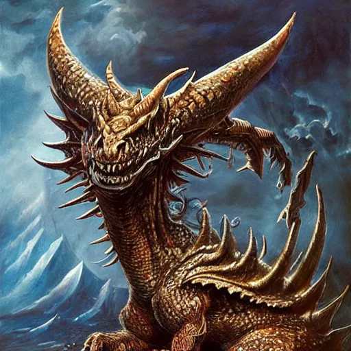 Prompt: a dark entropy dragon, detailed, fantasy, scary, realistic, frightening, ornate, horns, spikes, incredible, masterpiece, amazing, wow!, sense of awe, award winning, greg rutowski, bosch, dali