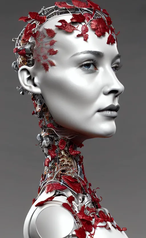 Image similar to complex 3d render ultra detailed of a beautiful porcelain profile woman face, mechanical cyborg, 150 mm, beautiful 3 point lighting, rim light, silver gold red details, luxurious magnolia with leaves and stems, roots, Alexander Mcqueen haute couture, fine foliage lace, mesh wire, filigran intricate details, hyperrealistic, mandelbrot fractal, anatomical, robotic parts, facial muscles, cable electric wires, microchip, elegant, octane render, 8k post-processing