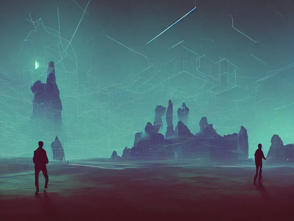 Prompt: synthwave landscape of a traveler walking towards a distant castle , cyberspace, grid, virtual, night, wireframe, by John Smith, by Alena Aenami, by Greg Rutkowski, wide angle, highly detailed, cinematic, Blue and Green color scheme