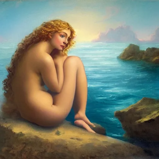Prompt: masterpiece full body portrait of a beautiful mermaid with curly blonde hair reclining on a rock on the edge of the sea in the moonlight, classical oil painting