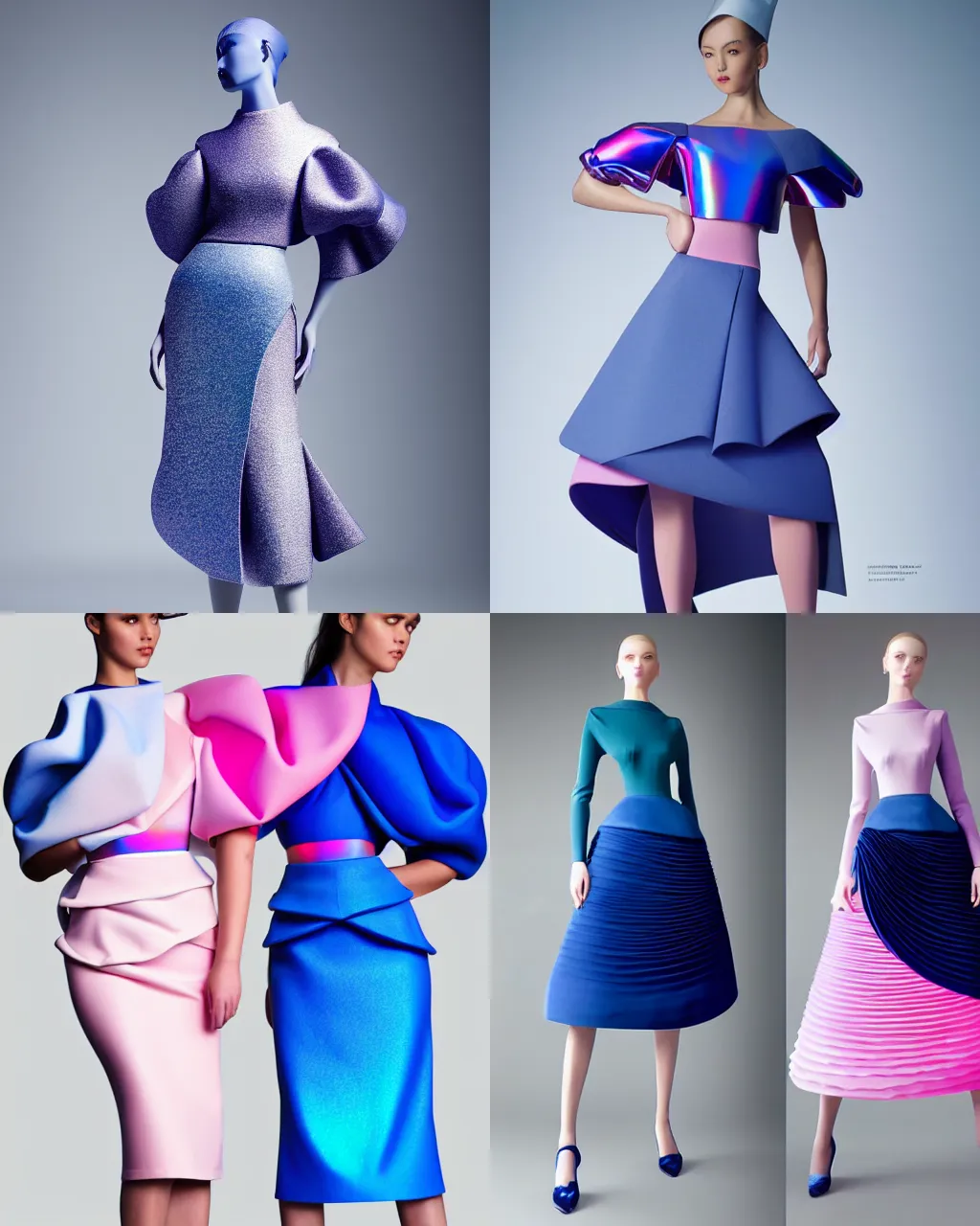 Prompt: designer figure collection ball shaped accordion sleeve haute couture, sailor uniform, midi skirt, coat pleats, synthetic curves striking pose, dynamic folds, cute pockets, volume flutter, youthful, modeled by modern designer bust, body fit, award fashion, picton blue, petal pink gradient scheme, light holographic tones, expert composition, professional retouch, editorial photography