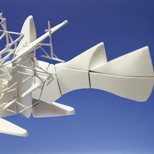 Prompt: photo of minimalist abstract cubist sculpture of curvy deformed spaceship with random small mecha mayan decorations, covered with few large white airplane found parts - w 6 4 0