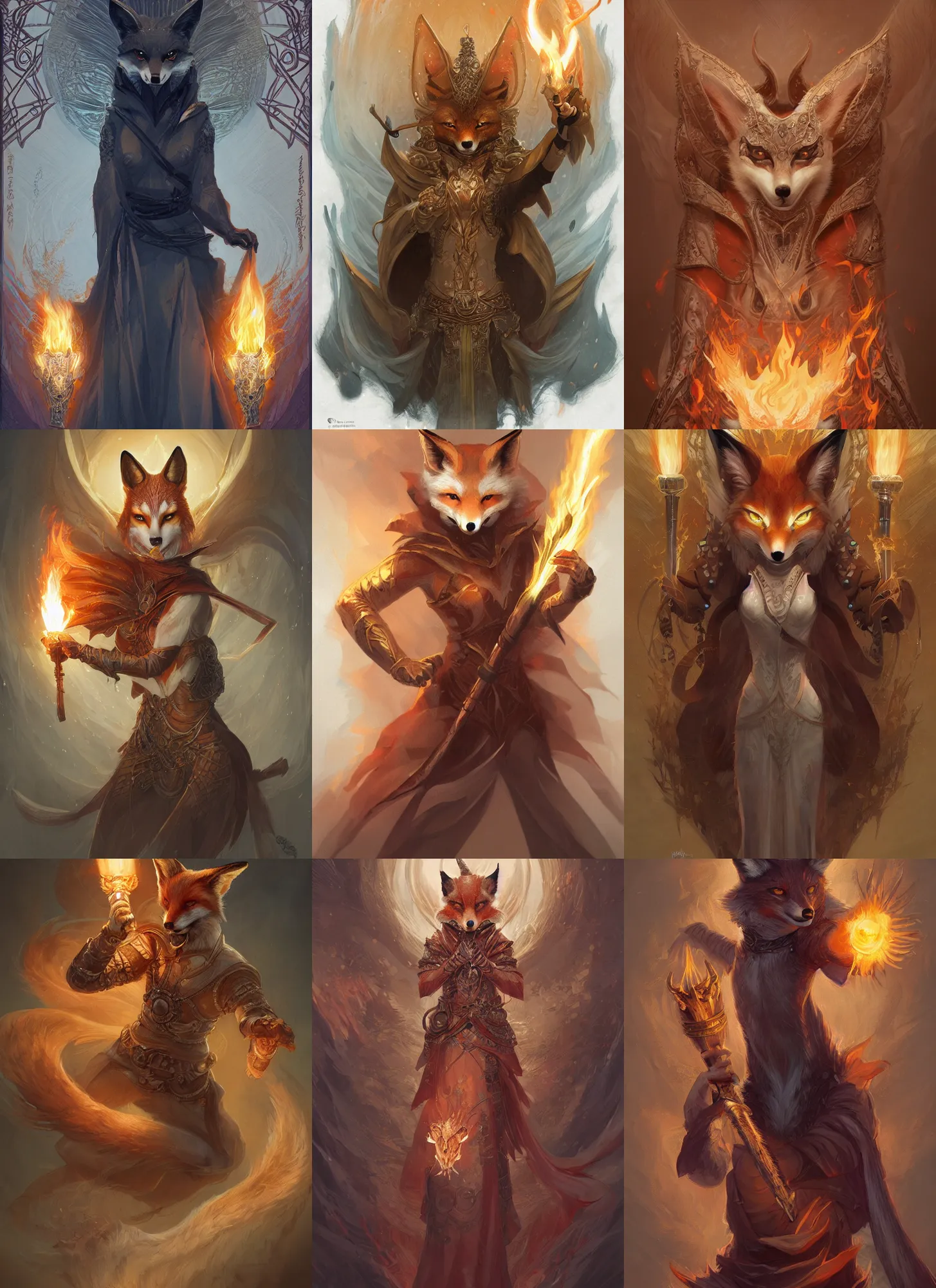 Prompt: mtg, kitsune holding torch, fox head, intricate, elegant, highly detailed, digital painting, artstation, concept art, smooth, sharp focus, illustration, daren bader, aleksi briclot, carl critchlow, mucha, rutkowski