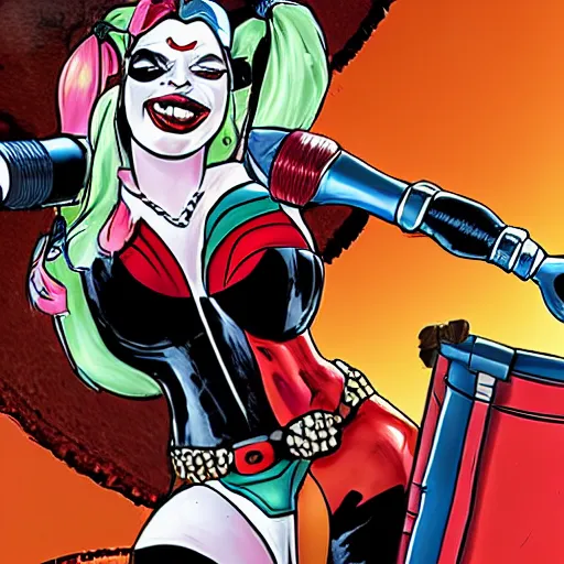 Image similar to harley quinn being catapulted out of a canon