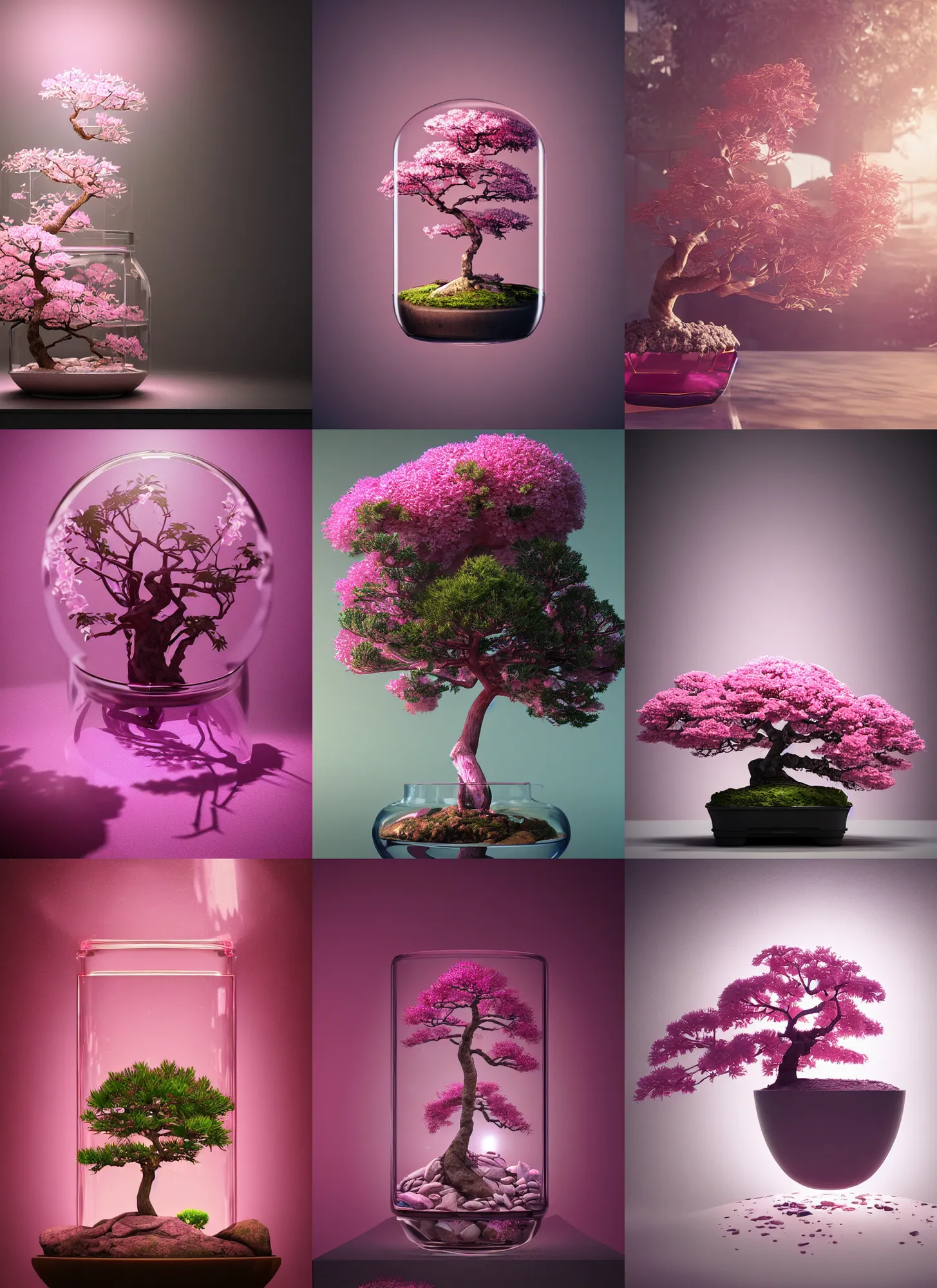 Prompt: a pink bonsai tree inside a glass jar, intricate detail, volumetric lighting, epic composition, hyper detailed, ultra realistic, sharp focus, octane render, volumetric, ray tracing, artstation trending, cgsociety, sense of awe, 4 k