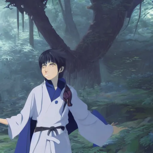 Image similar to concept art painting of an anthropomorphic anime style white raven wearing dark blue robes, in the deep forest, realistic, detailed, cel shaded, in the style of makoto shinkai and greg rutkowski and james gurney