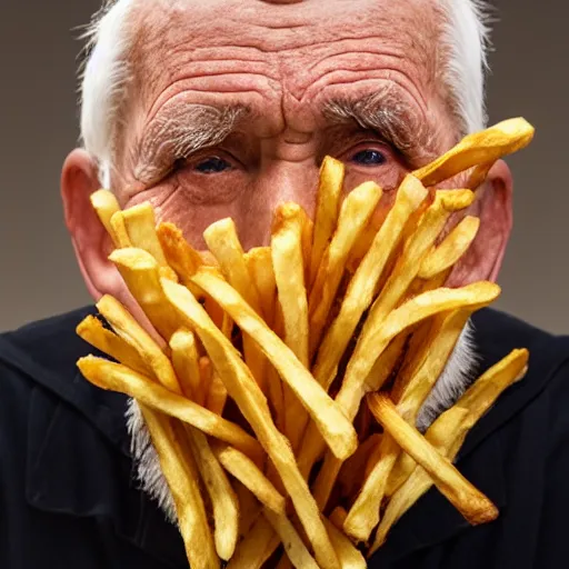 Prompt: an elderly man wearing a mask made from french fries, bold natural colors, national geographic photography, masterpiece, 8 k, raw, unedited, symmetrical balance