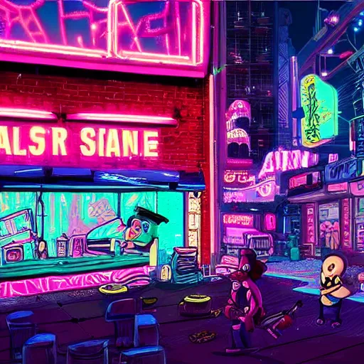 Image similar to patrick star with a pistol in a cyberpunk city, gangster, dark, neon lights, streets