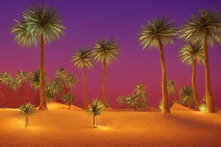 Prompt: Arabian nights theme desert lights show neon on palm trees hype realistic realistic 3d render octane render drone light