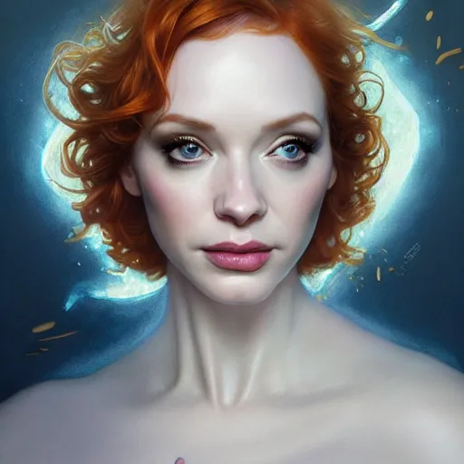 Image similar to christina hendricks wearing a white periwinkle, sci fi, glowing eyes, volumetric lights, gold theme, art nouveau botanicals, intricate, highly detailed, digital painting, artstation, concept art, smooth, sharp focus, cinematic, illustration, beautiful face, art by artgerm and greg rutkowski and alphonse mucha