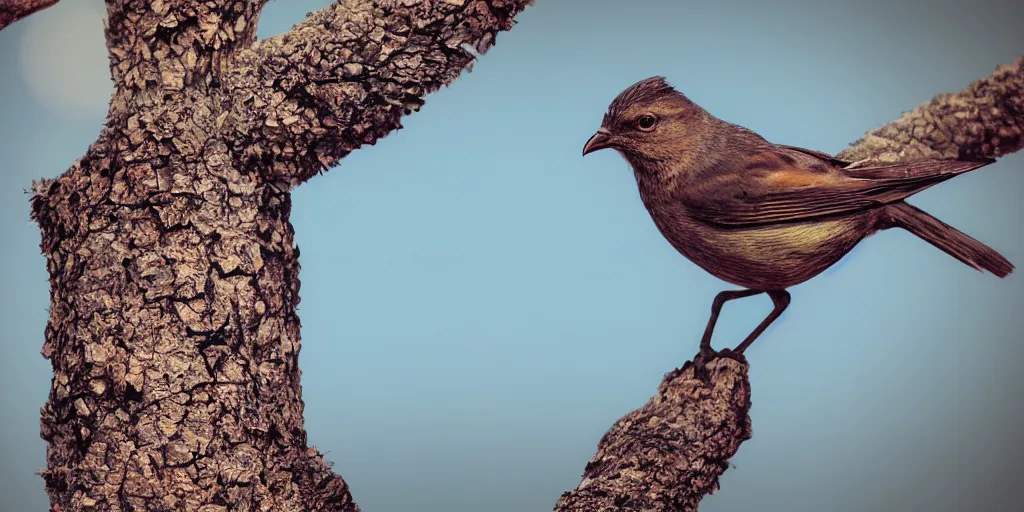 Image similar to a close - up photographic picture of a bird on a tree, photographic filter, unreal engine 5, realistic, hyperdetailed, 8 k, cinematic, volumetric lighting, very realistic effect, hd, hdr, 4 k, sharp focus, octane render, ultra detailed, high resolution, trending on artstation in the style of albert dros glowing rich colors powerful imagery