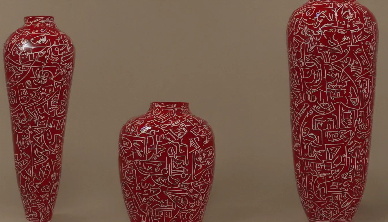 Prompt: beautiful red and white vase covered in occult glyphs that are glowing with a malevolent energy