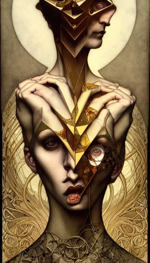 Image similar to M. C. Escher looking puzzled painted by tom bagshaw, mobius, mucha M. C. Escher, gold paint, ink, gnarly details