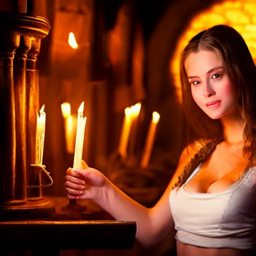 Prompt: young attractive beautiful bar maid in a medieval tavern illuminated by candles at night, wow 4 k detail fantasy, matte painting, realistic materials, photo realistic, postprocessing, cinematic, hyperrealistic, studio lighting, photography by richard jenkins