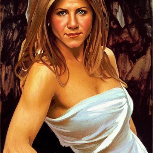 Prompt: a portrait of rachel green, jennifer aniston, 1 9 9 0 s, by gregory manchess, greg hildebrandt, stanley lau, and alphonse mucha