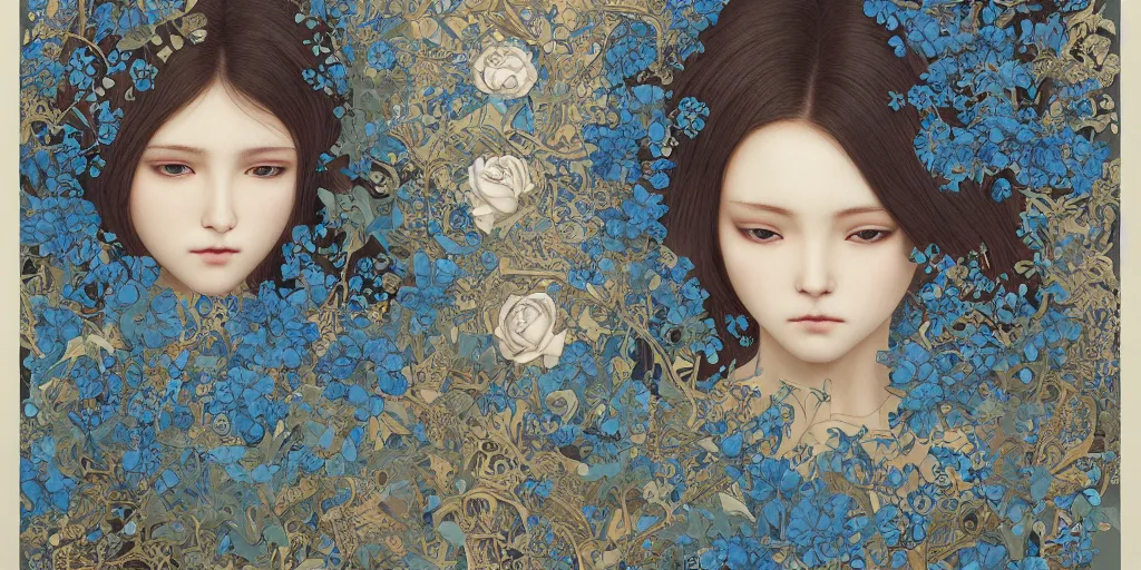 Image similar to breathtaking detailed concept art painting of the goddesses of nemophila flowers, orthodox saint, with anxious, piercing eyes, ornate background, amalgamation of leaves and flowers, by Hsiao-Ron Cheng, James jean, Miho Hirano, Hayao Miyazaki, extremely moody lighting, Black paper, cut paper texture, Full of light-blue and silver and white layers, 8K