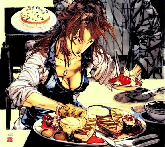 Prompt: a scene of a woman eating cake with a knife and fork, comic book art, by yoji shinkawa and takehiko inoue and kim jung gi, masterpiece, perfect