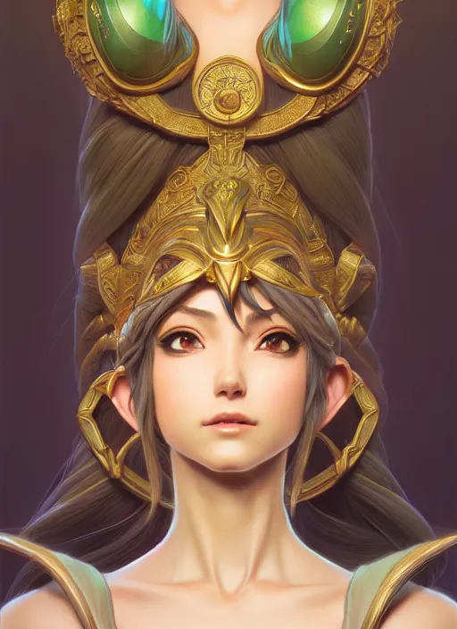 Prompt: portrait, head and torso only, palutena, concept art, digital illustration, by rossdraws, frank franzzeta, intricate, elegant, hyper detailed, ultra definition, photoreal, artstation, unreal engine rendered, concept art, smooth, sharp focus, illustration, art by artgerm and greg rutkowski and alphonse mucha and garis edelweiss