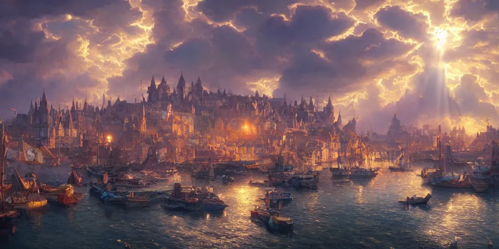 Image similar to beautiful seventeenth century harbour city, vivid colors, gorgeous clouds, god rays, digital art, landscape, fantasy art, octane render, ureal engine, high detail, very realistic, by artgerm and greg rutkowski and alphonse mucha and loish and wlop