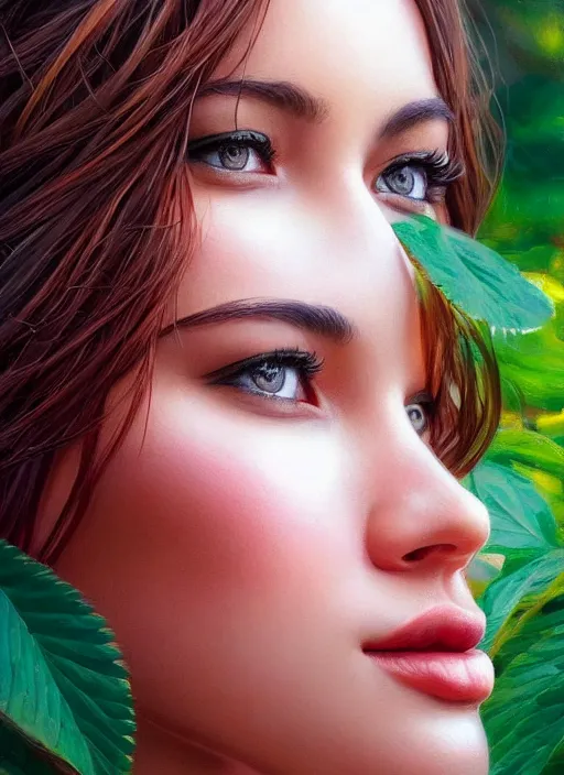 Image similar to photo of a gorgeous female in the style of stefan kostic, realistic, half body shot, sharp focus, 8 k high definition, insanely detailed, intricate, elegant, art by stanley lau and artgerm, extreme bokeh foliage