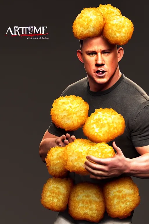 Image similar to channing tatum in a tater tot costume, tater tot face, ef 8 5 mm f 1. 8 usm, bionic scifi alexandre ferra, hyper detailed, digital art, trending in artstation, cinematic lighting, studio quality, smooth render, unreal engine 5 rendered, octane rendered