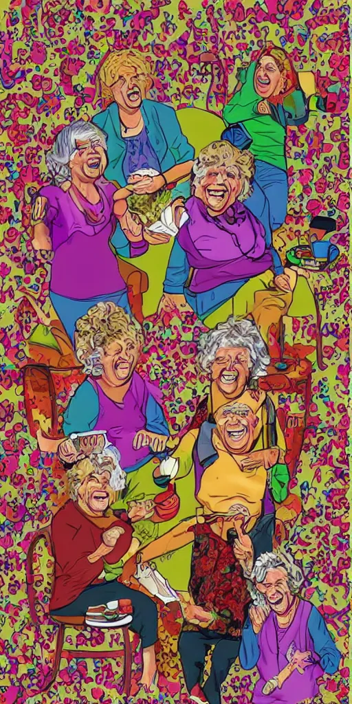 Prompt: laughing grandmas on acid in the house