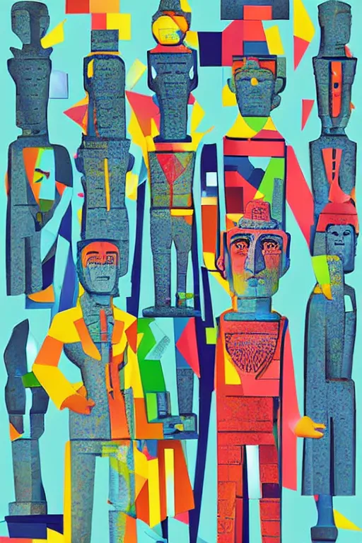 Image similar to cubist moai statue cutout digital illustration cartoon colorful beeple