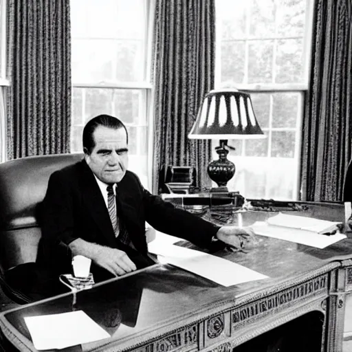 Prompt: Wasted Richard Nixon drinking a bottle of vodka in the oval office, historical photo