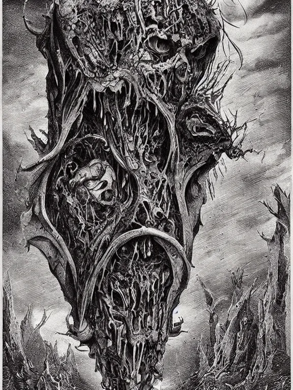 Image similar to A horror illustration design of a Prophecy book from hell revealing the Warwick Goblel of an Ancient Creature,by Maximilian Pirner and Gregoire Kenne and and aaron horkey and peter gric,trending on pinterest,Lovecraftian,medieval,ossuary,rococo,fractalism,maximalist,glittering,feminine