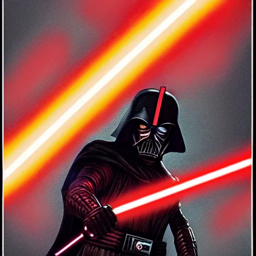 Prompt: Darth Revan encircled by lightsabers