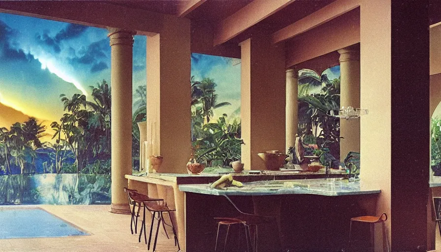 Prompt: A 1985 magazine architecture photo of a kitchen, mediterranean balustrade and columns, refracted lines and sparkles, thunderstorm outside, beach and Tropical vegetation on the background major arcana sky and occult symbols, kitchen by paul delaroche, hyperrealistic 8k uhd, award-winning, 1985