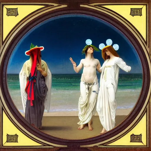 Image similar to Angels with jester hats and clothes forming a circle on the front of a Balustrade with a beach and a sail boat on the background, major arcana cards, by paul delaroche, alphonse mucha and daniel garber daniel garber hyperrealistic 8k, very detailed